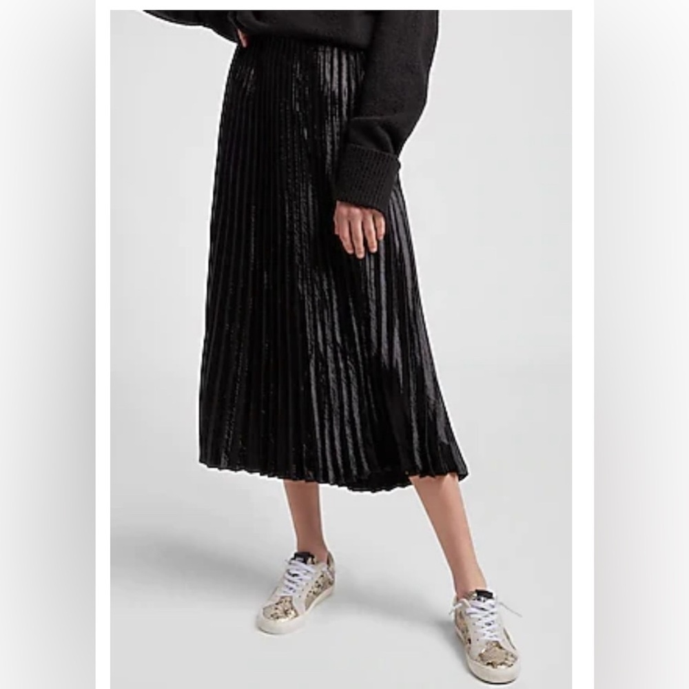 Express Women High Waisted Pleated Satin Midi Skirt Black